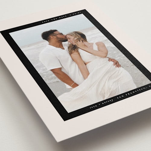 This is a buttercream petite save the dates with standard by Lori Wemple called most minimal printing on recycled smooth signature in petite