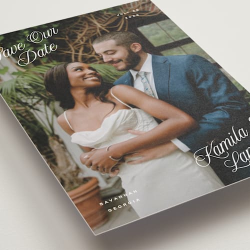 This is a cloud petite save the dates with standard by Hooray Creative called all four corners printing on recycled smooth signature in petite