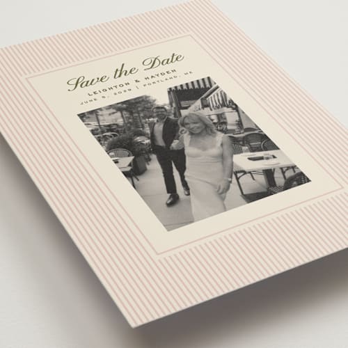 This is a blush petite save the dates with standard by Ellen Schlegelmilch called hayden printing on recycled smooth signature in petite