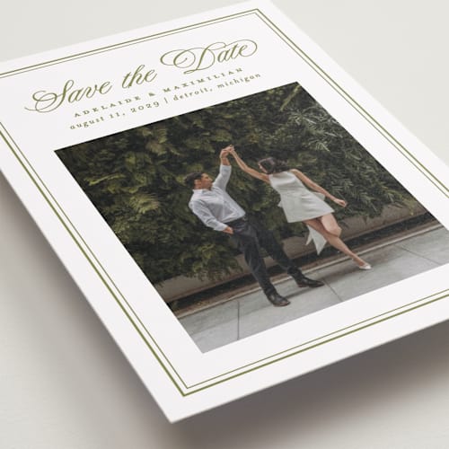 This is a olive petite save the dates with standard by Ellen Schlegelmilch called museo printing on recycled smooth signature in petite