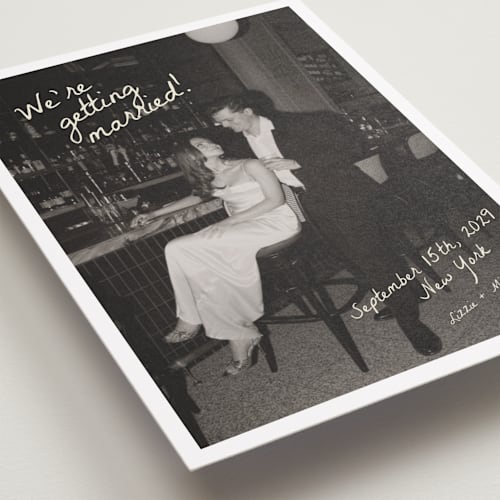 This is a sublime petite save the dates with standard by Helena Vitto called birds of paradise printing on recycled smooth signature in petite