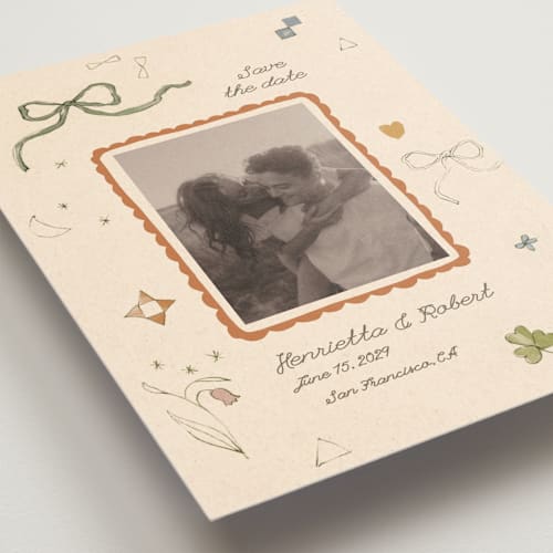 This is a magic petite save the dates with standard by Sumak Studio called pure magic printing on recycled smooth signature in petite