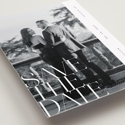 This is a pearl petite save the dates with standard by Ana de Sousa called editorial lettering printing on recycled smooth signature in petite