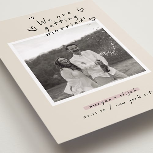 This is a nero petite save the dates with standard by Pati Cascino called surprise! printing on recycled smooth signature in petite