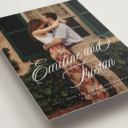 This is a cotton petite save the dates with standard by Susan Zinader called sentimental script printing on recycled smooth signature in petite