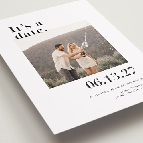 This is a onyx petite save the dates with standard by Joyce Pinheiro called it's a date! printing on recycled smooth signature in petite