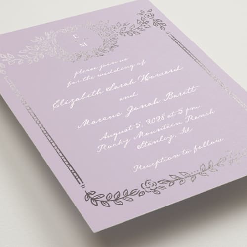 This is a lilac petite wedding invitations with foil pressed by Petra Kern called manuet printing on signature in petite