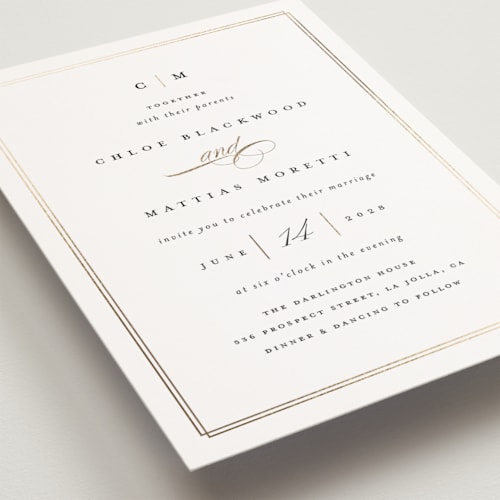 This is a linen petite wedding invitations with foil pressed by Erica Krystek called timeless printing on signature in petite