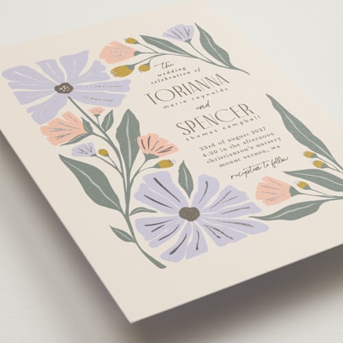 This is a periwinkle petite wedding invitations with foil pressed by Karidy Walker called storybook garden printing on signature in petite