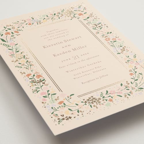 This is a ivory petite wedding invitations with foil pressed by Jennifer Wick called esther's garden printing on signature in petite