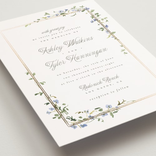This is a bluebell petite wedding invitations with foil pressed by Everett Paper Goods called flowering vine printing on signature in petite