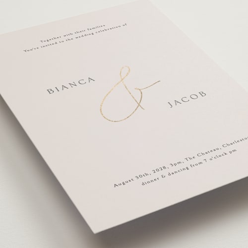 This is a ivory petite wedding invitations with foil pressed by Angela Thompson called eloquent printing on signature in petite