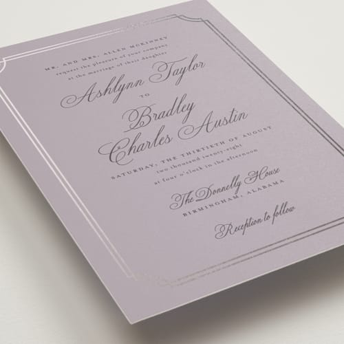 This is a dusty lilac petite wedding invitations with foil pressed by Sarah Brown called formally printing on signature in petite