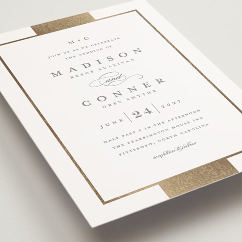 This is a slate petite wedding invitations with foil pressed by Stacey Meacham called refined style printing on signature in petite