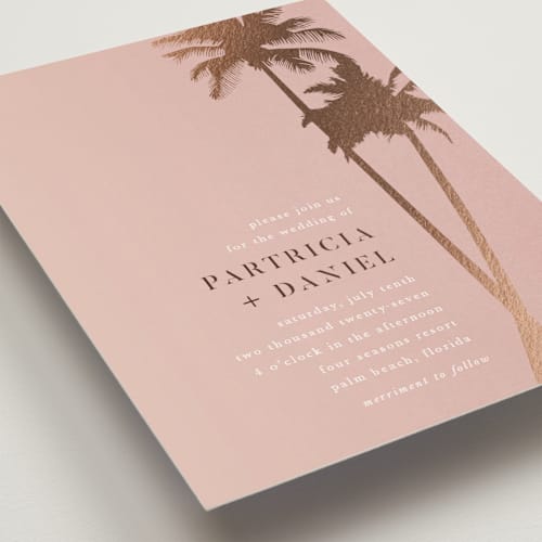 This is a coral petite wedding invitations with foil pressed by lulu and isabelle called sunset by the sea printing on signature in petite