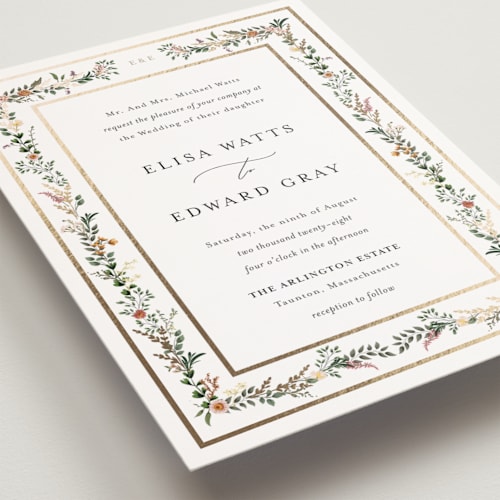 This is a blush petite wedding invitations with foil pressed by Susan Moyal called blooming vine printing on signature in petite