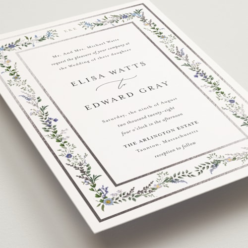 This is a lilac petite wedding invitations with foil pressed by Susan Moyal called blooming vine printing on signature in petite