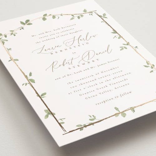 This is a ivy petite wedding invitations with foil pressed by Everett Paper Goods called canopy printing on signature in petite