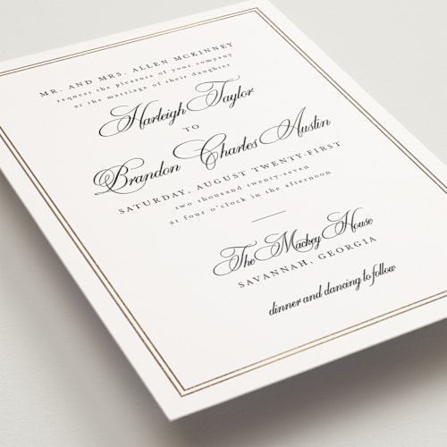 This is a snow petite wedding invitations with foil pressed by Sarah Brown called traditionalist printing on signature in petite