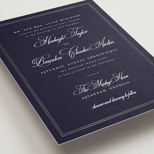 This is a navy petite wedding invitations with foil pressed by Sarah Brown called traditionalist printing on signature in petite