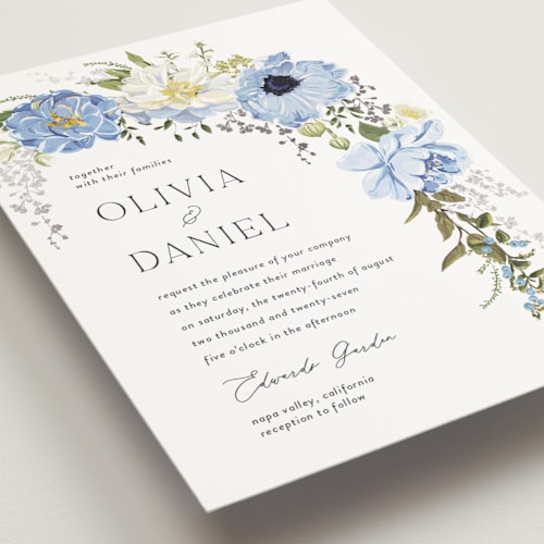 This is a azure petite wedding invitations with foil pressed by Susan Moyal called timeless blooms printing on signature in petite
