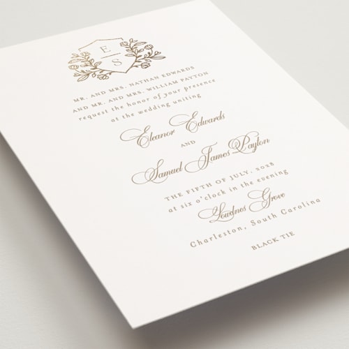 This is a ivory petite wedding invitations with foil pressed by Mansi Verma called gold crest printing on signature in petite