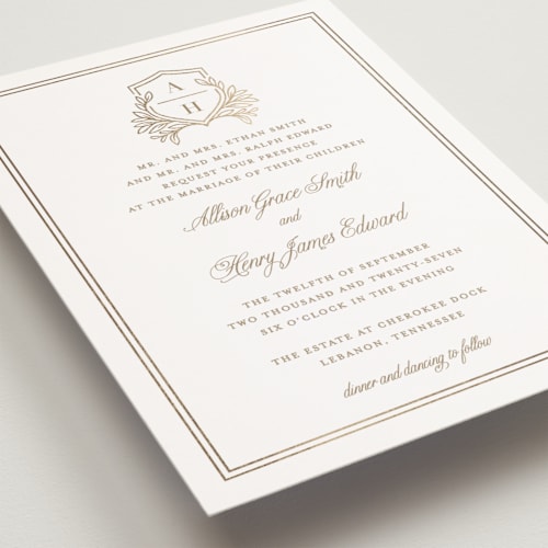 This is a porcelain petite wedding invitations with foil pressed by Mansi Verma called chic monogram printing on signature in petite