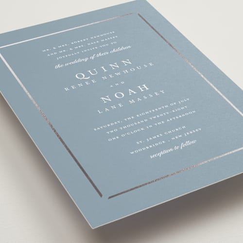This is a dusty blue petite wedding invitations with foil pressed by Stacey Meacham called elegant bevel printing on signature in petite