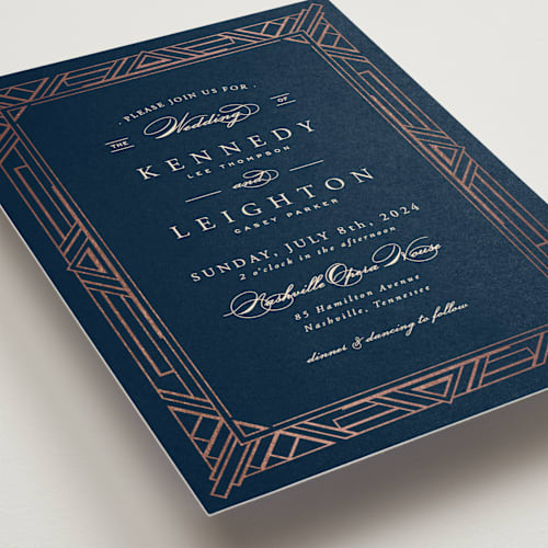 This is a dark navy petite wedding invitations with foil pressed by Hooray Creative called opulent border printing on signature in petite