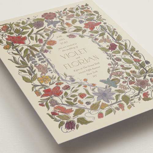 This is a mint petite wedding invitations with foil pressed by Simona Camp called radiant botany printing on signature in petite