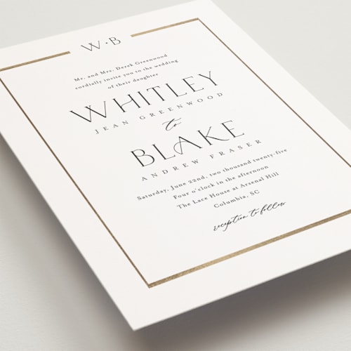 This is a cotton petite wedding invitations with foil pressed by Stacey Meacham called luster printing on signature in petite