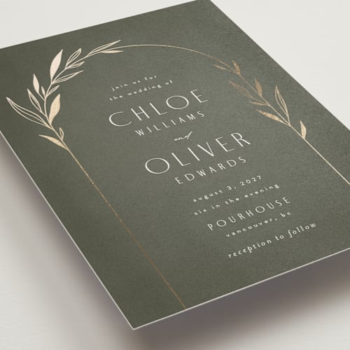 This is a moss petite wedding invitations with foil pressed by Kelly Schmidt called botanical arches printing on signature in petite