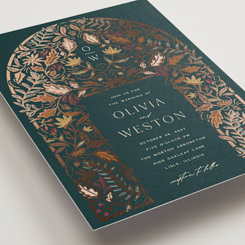 This is a deep sea petite wedding invitations with foil pressed by Erin German called autumnal arch printing on signature in petite