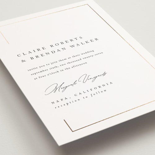 This is a silk petite wedding invitations with foil pressed by Kelly Schmidt called gilded border printing on signature in petite