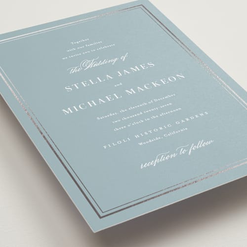 This is a powder blue petite wedding invitations with foil pressed by Jennifer Postorino called polished printing on signature in petite