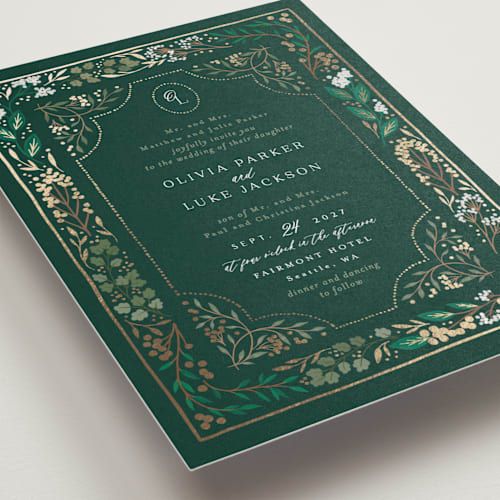 This is a evergreen petite wedding invitations with foil pressed by Alethea and Ruth called illuminated storybook printing on signature in petite