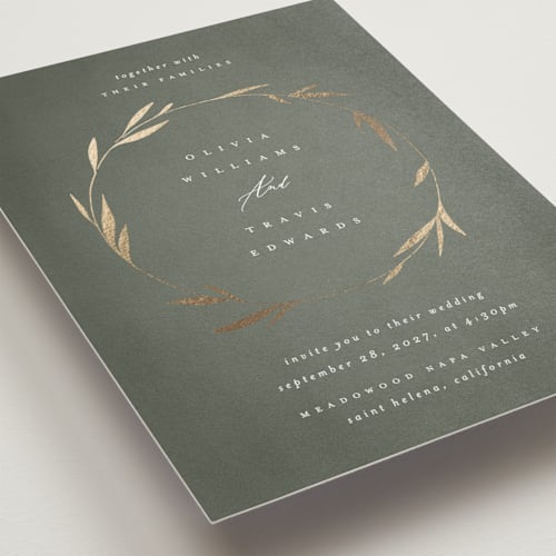 This is a moss petite wedding invitations with foil pressed by Kelly Schmidt called minimal circle printing on signature in petite