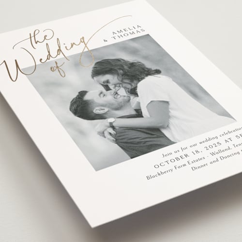 This is a marshmallow petite wedding invitations with foil pressed by Kaydi Bishop called the wedding printing on signature in petite