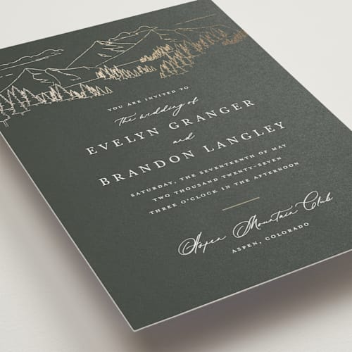 This is a hunter petite wedding invitations with foil pressed by Sarah Brown called peaks printing on signature in petite