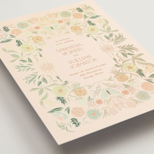 This is a spring garden petite wedding invitations with foil pressed by Simona Camp called gilded tapestry printing on signature in petite