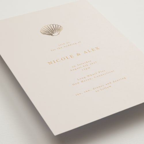 This is a sunrise petite wedding invitations with foil pressed by Hannah Bowman called simple seashell printing on signature in petite