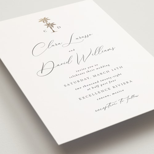 This is a leaf petite wedding invitations with foil pressed by Olivia Raufman called palm monogram printing on signature in petite