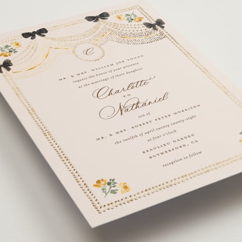 This is a golden petite wedding invitations with foil pressed by Claudia Orengo called tuileries printing on signature in petite