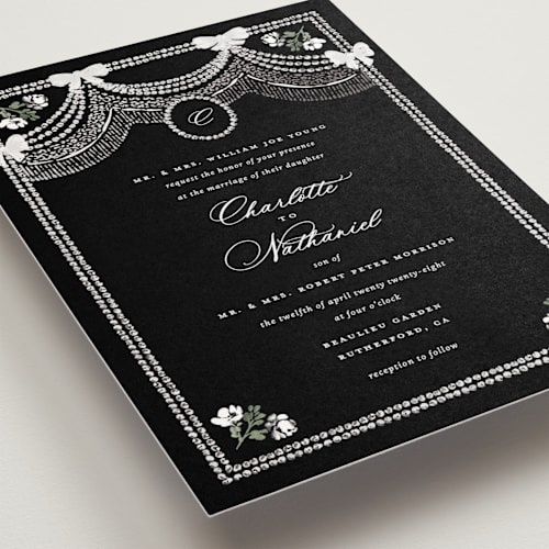 This is a onyx petite wedding invitations with foil pressed by Claudia Orengo called tuileries printing on signature in petite