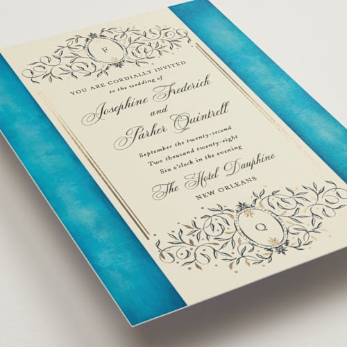 This is a marine petite wedding invitations with foil pressed by Jackie Crawford called josephine printing on signature in petite