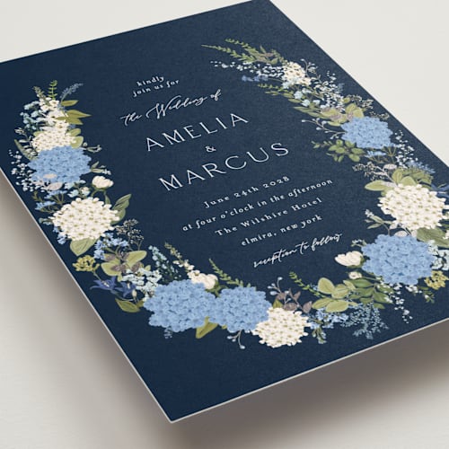 This is a marine petite wedding invitations with foil pressed by Susan Moyal called garden whisper printing on signature in petite