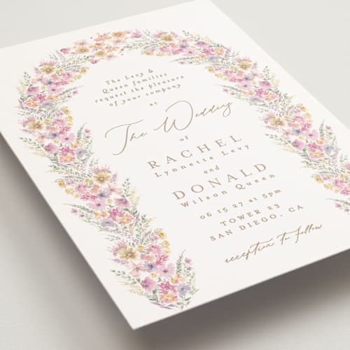 This is a spring petite wedding invitations with standard by Phrosné Barwood called floral arch printing on signature in petite