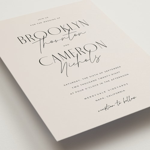 This is a linen petite wedding invitations with standard by Kelly Schmidt called arabilla overlap printing on signature in petite