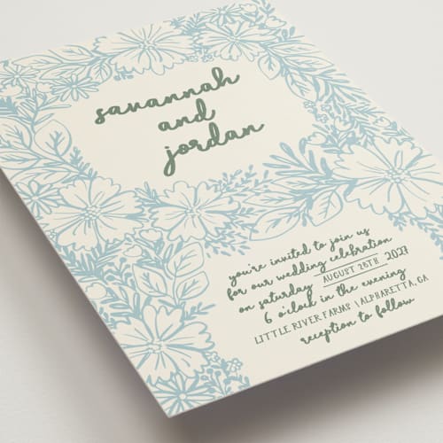 This is a waterfall petite wedding invitations with standard by Kelly Watkins called bloom printing on signature in petite