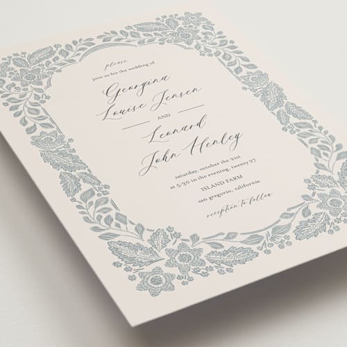 This is a dusty blue petite wedding invitations with standard by Jen Owens called embroidered printing on signature in petite